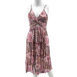 Y2K Boho Fairy Babydoll Midi Dress L Twist Front Cut Out Pink Paisley‎ Romantic